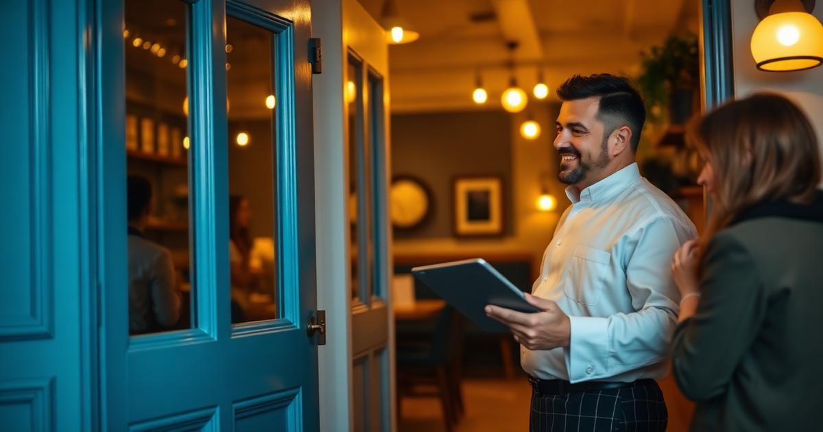 Maître recibiendo con una tablet a clientes habituales en la entrada del restaurante