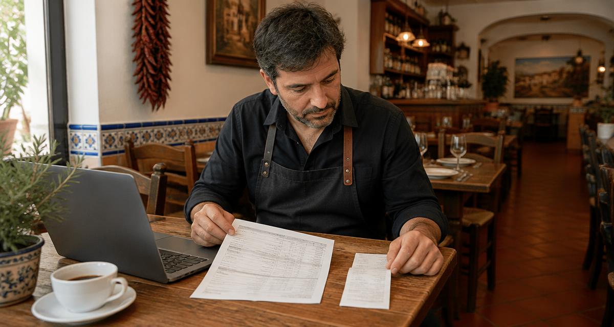 Hostelero comparando una factura mensual y un recibo único junto a su portátil