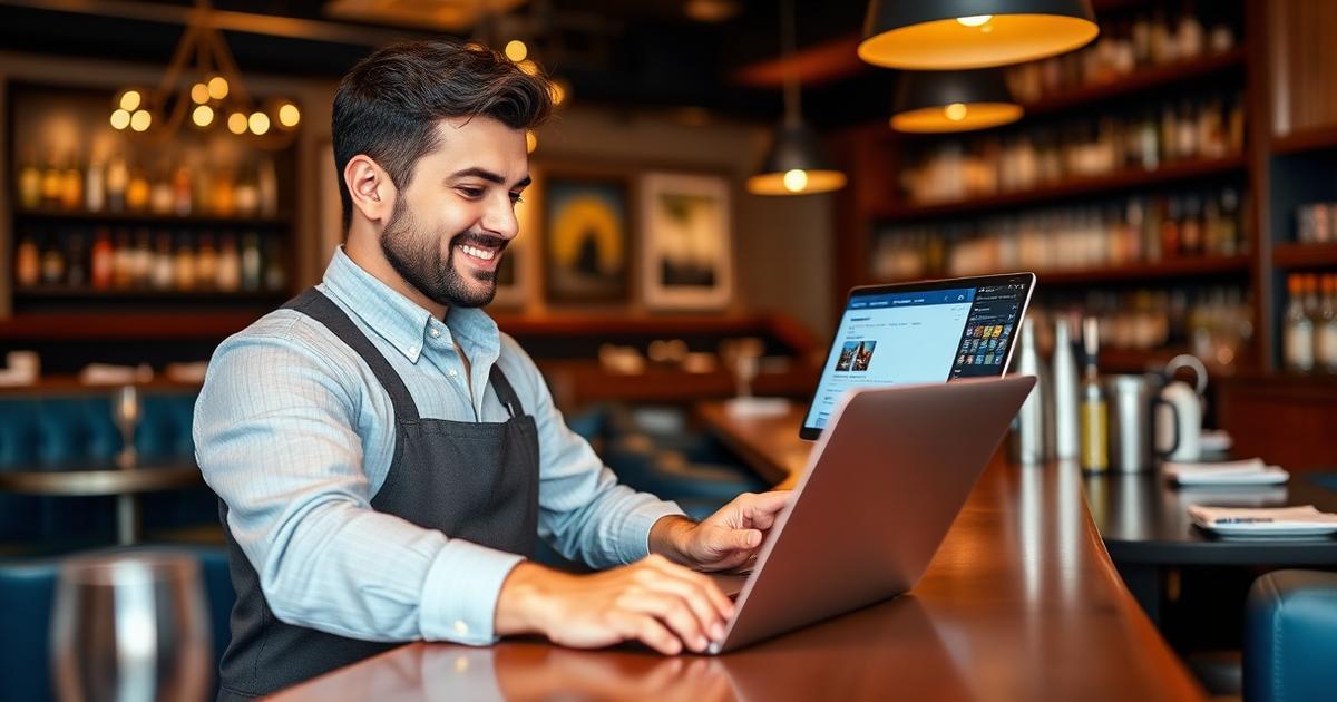 Hostelero gestionando reservas desde el portátil en la barra de su restaurante