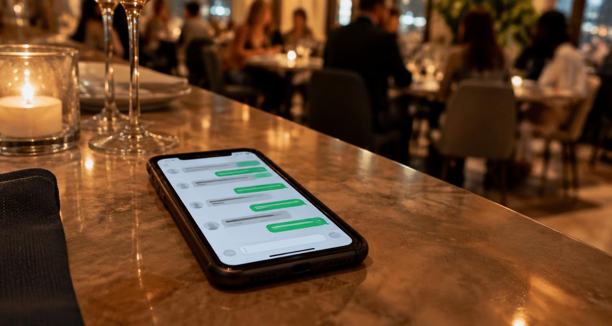 Móvil con una conversación de mensajería sobre la barra de un restaurante